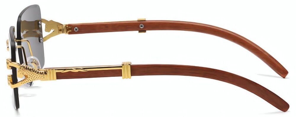 Look Rich Leopard Decor Faux Wood Gold Temple Rimless Hip Hop Black Sunglasses - Picture 2 of 4
